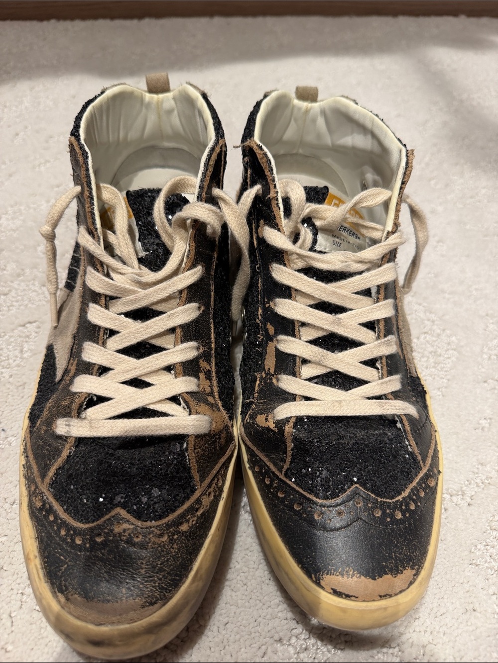 Golden Goose Women’s Mid Star in black glitter with dove-gray suede star